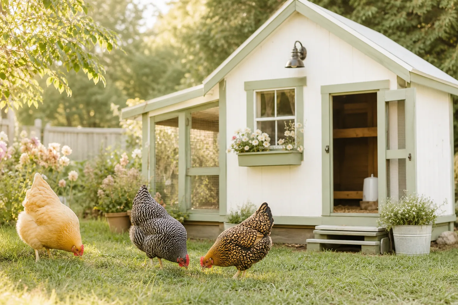 Hens in a sunny backyard coop